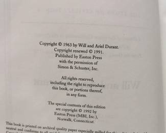 Copyright page of The Story of Civilization Set by Will and Ariel Durant, Easton Press Collector's Edition, published in 1992 