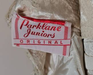 Tag detail of gorgeous vintage 1960s Parklane Juniors Original white satin brocade dress and cropped jacket set, jacket has a bow closure and a white fur shawl collar, very small size