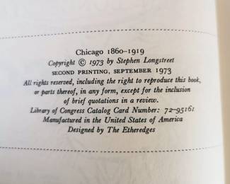 Copyright page of "Chicago: 1860-1919" by Stephen Longstreet, published by David McKay Company, Inc, New York, published 1973