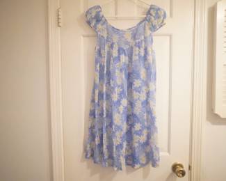 Short babydoll version of blue vintage Vera nightgown with white daisies and ruffled collar, matches previous robe and nightgown