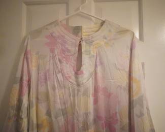 Bodice detail of Vanity Fair vintage soft pink floral long sleeve nightgown with a keyhole neckline, Size 16