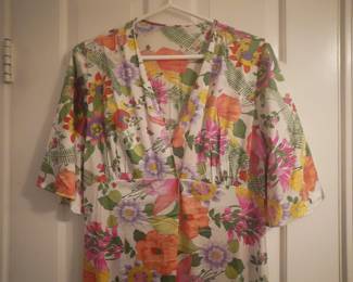 Bodice detail of vintage Vanity Fair floral faux wrap bodice nightgown with flutter sleeves, Size Med