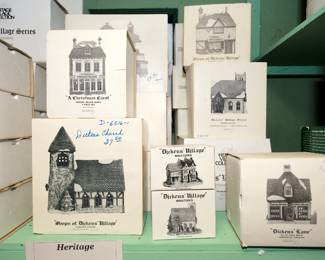 Detail of Department 56 Heritage Village Collection: Dickens Village Series, Christmas Decorations featuring D-6516-1 or "Dickens Church" and 6507-2 or "Dickens Lane"