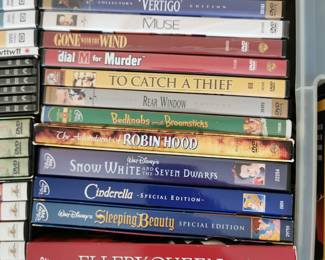 Thousands of DVD's including: Hart to Hart, Ellery Queen Mysteries, Sleeping Beauty, Cinderella, Snow White and the Seven Dwarves, Robin Hood, Bednobs and Broomsticks, Rear Window, To Catch a Thief, Dial M for Murder, Gone with the Wind, Muse, Vertigo, North by Northwest. David and Bathsheba