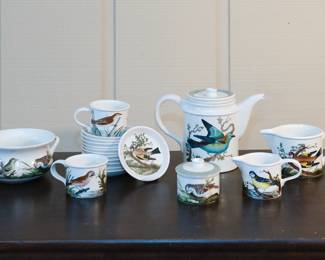 Portmeirion Birds of Britain coffee pot, cache pot with handles, cups and saucers, creamer and sugar
