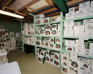 Wider view of floor to ceiling collection of Department 56 Heritage Village Collection:  New England Series, Sleepy Hollow,  Alpine Village Series, Dickens Series, Christmas Decorations including Royal Staffordshire Porceleins, Salty's Live Bait, Santa & Mrs. Claus, Scooge & Marley, Scotland Yard, Semples Smokehouse, Seton Morris Spice, Shakespear Birthplace, Sheffield Manor, Sherlock Holmes 221B Baker St., Shingle Creek House, shopkeepers, shopkeepers (pros), Sleepy Hollow Church