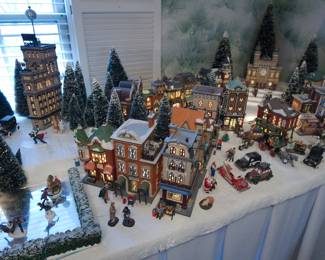 Overhead view of display of the extensive collection of Department 56 Heritage Village Collection Christmas Decorations