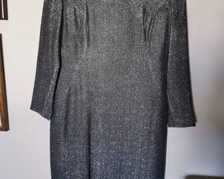 Silver metallic sparkle mini dress with long sleeves and princess seam bodice