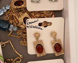 Vintage Emmons gold and red gemstone earrings with matching necklace, red faceted oval gemstone set into a decorative gold rectangle