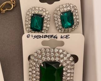 Eisenberg ICE costume jewelry pin and matching earrings, green rectangular faceted cabochon haloed three times by rhinestones set into silver