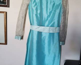Amazing vintage 1960s or 1970s home-made (!) a-line aqua party dress featuring sheer silver sleeves and a silver-blue belt