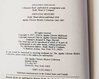 Copyright page of "Appointment with Death" from the complete set of The Agatha Christie Mystery Collection published by Bantam Books July 1987