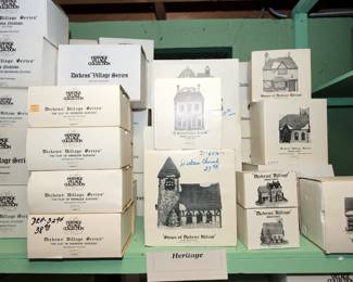 Detail of Department 56 Heritage Village Collection: Dickens Village Series, Christmas Decorations featuring DEP 3294 or "The Flat of Ebenezer Scrooge" and D-6516-1 or "Dickens Church"