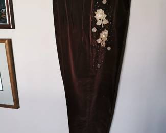 Brown velour trouser detail of vintage Malbe Original blouse and pants set, size 11 or 12