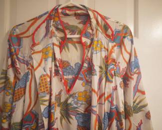 Bodice detail of vintage Vanity Fair nightgown in a tropical floral pattern and red piping with a matching robe, Size Med