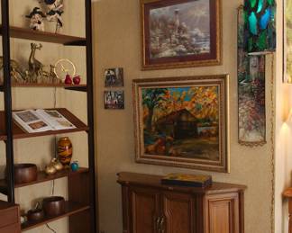 Console cabinet, original oil painting on canvas, print, and a peak at the FAB mid century pendant light fixture in the upper right corner!