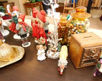 Holiday decor, jars of antique marbles, and a bank made from an old US Post Office box
