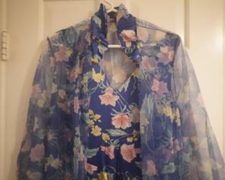 Bodice detail of lovely Vanity Fair blue floral nightgown with a sheer cover-up, puff sleeves, and a stand-up collar, Size 38