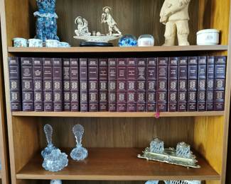 Set of The Harvard Classics by Grolier Enterprises Corp with gilt edges, printed in 1988 including "Marlow, Shakespeare", "Sacred Writings: Buddhist, Hindu, Mohammedan, Christian", "The Thousand and One Nights", "Marlow, Shakespeare: Vol 2", "Dana", "Addison, Steele, Swift Before Johnson and Others", "Franklin, Woolman, Penn", "Homer", "Cervantes", "Collins to Fitzgerald", "Plato, Epictetus, Marcus Aurelius", "Darwin: Voyage of the Beagle", "Tennyson to Whitman", "Thackeray, Newman, Ruskin, Huxley, Thoreau, and Others", "Chaucer to Gray", "Sacred Writings: Confucian, Hebrew, Christian", "Bunyan, Isaak Walton", "Dante", "Edmund Burke", "Aesop, Grimm, Anderson", "Bacon, Milton, Browne", and "American Historical Documents"