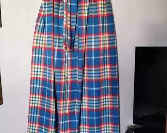 Amazing vintage blue, bright orange, and cream plaid fleece long skirt with an elastic waist and a matching belt, home-made!