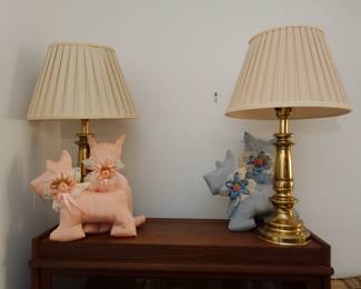 Pair of Stiffel brass lamps, vintage satin dog and cat figures