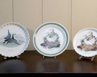 Portmeirion Birds of Britain Barnacle Goose fluted quiche dish, Little Egret round chop platter, and Little Egret fluted quiche dish
