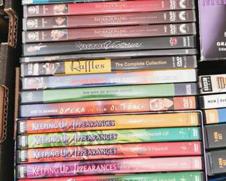 Thousands of DVD's including: Keeping Up Appearances Box Set, Kiri Te Kawana Opera in the Outback, The Wife of Monte Cristo, Great Cars: Buick Oldsmobile Pontiac Cadillac, Raffles The Complete Collection, Victor/Victoria, Father Dowling Mysteries: The First Season,  Father Dowling Mysteries: The Second Season,  Father Dowling Mysteries: The Third Season, The Honeymooners: The Classic 39 Episodes