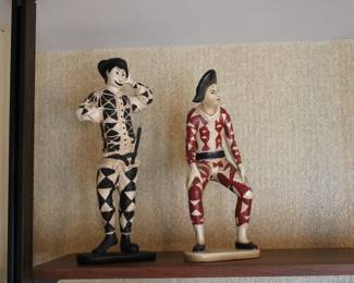 Two (2) of six (6) vintage harlequin figurines