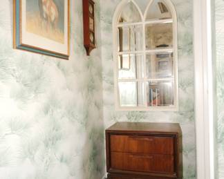 Mid century modern night stand or end table, mirror framed as an arched window