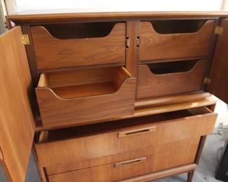 Super clean interiors on the fabulous "floating" mid century walnut high boy dresser by United Furniture Company