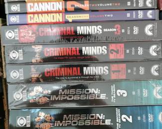 Thousands of DVD's including: Mission Impossible: The Complete First through Third TV Seasons, Criminal Minds: Season 1, 2, and 3, Cannon: Season One Volume Two, Cannon: Season Two Volume Two, Cannon: Season One Volume One, Cheers: The Complete First Season