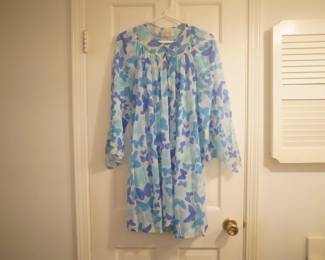 Vintage Vera short nightgown with blue butterflies, long sleeves, and a button collar