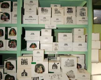 Department 56 Heritage Village Collection:  New England Series, Sleepy Hollow, Alpine Village Series, Christmas in the City, and North Pole, Christmas Decorations including  Kingsford Brew House, Kukuck Uhren, Laurel Hill Church, Leacock Poulterer, Lighthouse – Craggy, Little Town od Bethlehem, Log Cabin, McGrebe Cutters, Metterniche Wurst, Milch Kase 1986, Moggin Falls General Store, Mountain View Cabin, Mr. Whickfield Solicitor, Mulberrie Court, Music Emporium, Navigational charts, Nephew Freds Flat, Nettie Quinn Puppets, Nikolau Figuren, North Eastern Sea Fisheries, Nutcracker Workshop, Old Camden Town Church, Old Curiosity Shop, Old Globe Theatre, Old Michael Church