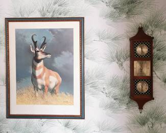 Vintage c. 1978 Edward J. Bierly Print, "Prairie Sentinel" and vintage 1970s Airguide Barometer