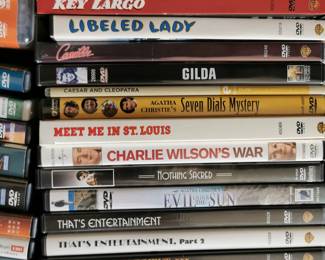 Thousands of DVD's including: The Complete Designing Women First Season, That's Entertainment, Evil Under the Sun, Nothing Sacred, Charlie Wilson's War, Meet Me in St Louis, Seven Dials Mystery, Caesar and Cleopatra, Gilda, Camille Libeled Lady, Key Largo, To the Manor Born, A Bit of Fry and Laurie