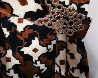 Belt detail of AMAZING unique textured vintage 1970s Beverly Page column skirt with an elastic waist and a matching belt in brown, rust orange, and black latticework pattern, this fabric is amazing