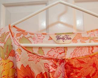 Tag detail of gorgeous vintage 1960s or 1970s Vanity Fair sheer orange yellow and pink floral dress  wit wide sleeves and a belt, Size Medium