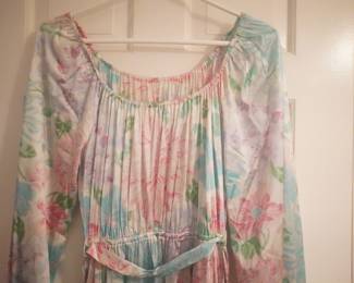 Bodice detail of vintage Vanity Fair soft floral long sleeve nightgown, Size M