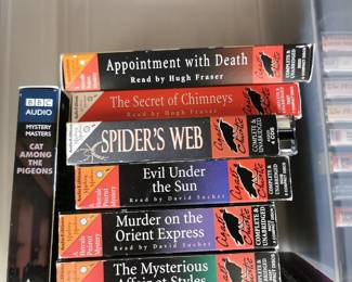 Audiobooks including: The Underdog and Other Stories, The Adventure of Christmas Pudding, the Mystery of the Spanish Chest, The Mysterious Affair at Styles, Murder on the Orient Express, Evil Under the Sun, Spider's Web, The Secret of Chimneys, Appointment with Death, Cat Among the Pigeons