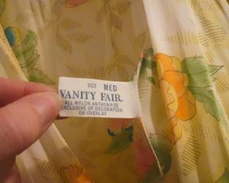 Tag detail of lovely yellow floral sheer Vanity Fair vintage robe, Size Med