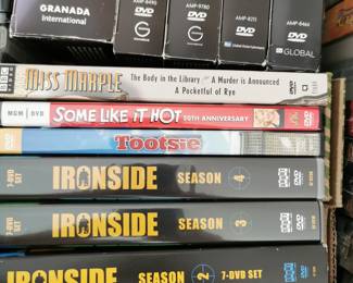 Thousands of DVD's including: Ironside: Season 1, 2, 3, and 4, Tootsie, Some Like It Hot, and Miss Marple: The Body in the Library, A Murder is Announced, A Pocketful of Rye
