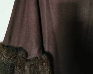 Fur cuff detail of stunning 1960s Sandi Monica California brown swing dress with a zip back, a funnel neck, and fur sleeve cuffs, Size 10