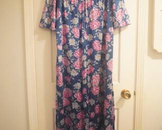 Vintage Vanity Fair blue and pink floral nightgown with gathers at the bodice and 3/4 sleeves, Size 38