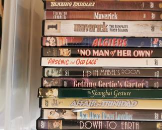 Thousands of DVD's including: Doc Martin, Down to Earth, You Were Never Lovelier, Affair in Trinidad, The Shaghai Gesture, Getting Gertie's Garter, Up in Mabel's Room, Arsenic and Old Lace, No Man of Her Own, Algiers, Merick, Blazing Saddles