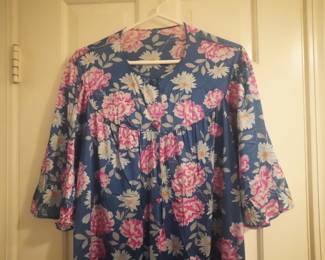 Bodice detail of vintage Vanity Fair blue and pink floral nightgown with gathers at the bodice and 3/4 sleeves, Size 38