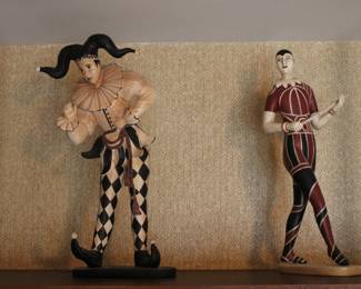 Two (2) of six (6) vintage harlequin figurines