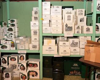 Another view of extensive collection of Department 56 Christmas Village Collection Christmas Decorations including Bayleys Blacksmith, Beggon Bierkeller, Bernhardiner Hundchen 1997, Birds out Back, Black Forest Coo Coo Clocks, Blenham Street Bank, Blue Star Ice, Bluebird Seed & Bulb, Blythe Pond, Bob Cratchit Tiny Tim House, Bobwhite Cottage, Boulevard 14 pieces, Breakers Point Lighthouse