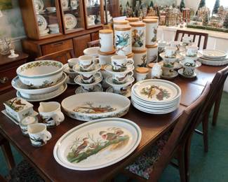 Multiple pieces of Portmeiron's Birds of Britain dinnerware including dinner plates, soup bowls, cannister sets, large platter, bakers, quiche pans, pie pans, tankard cup and saucer sets in two different sizes, and more!