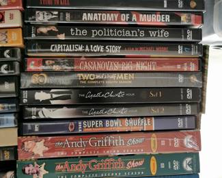 Thousands of DVD's including: The Andy Griffith Show, The Super Bowl Shuffle, The Agatha Christie Hour, Two and a Half Men, Capitalism: A Love Story, Anatomy of a Murder, The Streets of San Francisco