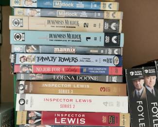 Thousands of DVD's including: Inspector Lewis: Series 5, Series 2, and Series 3, Lorna Doone, No Job for a Lady, Fawlty Towers, Mannix The First Season, Diagnosis Murder: The Complete 1st Season and Second Season, Matlock: The First Season, Second Season, and Third Season